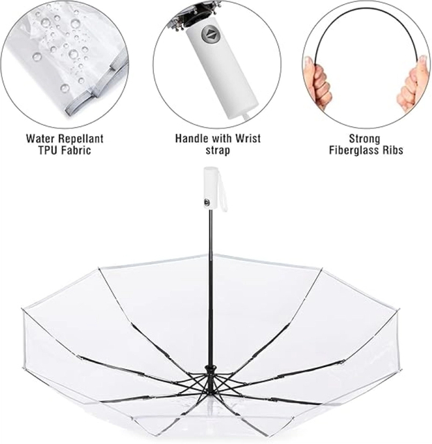  Clear Travel Umbrella Windproof, Automatic Open and Close Transparent Foldable Compact Umbrella for Rain