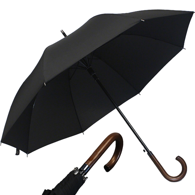 Windproof Umbrella for Rain & Sun-Classic Wooden J Stick Handle 